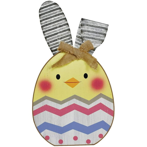 Wooden Easter Bunny Decor Eggs Corrugated Sign Wood Hand-Painted Bunnies Ornaments Tabletop Plaque Centerpiece Spring Decoration for Home Office and Store (Chick)