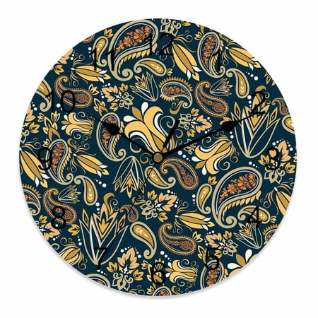 Wall Clock 14 Inch Abstract Vintage Paisley Round Silent Decorative Wall Clocks Battery Operated for Living Room Bedroom Kitchen Classroom Decor, Boho Floral Texture Olive Green,Large