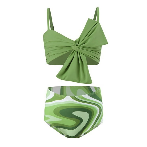 Kogui Little Girls Swimsuits Girls Swimsuit 2 Piece Bow Floral Strap Beach Swimwear Bikini Set Bathing Suits for Girls Size 8-10 Years (Green,8-10 Years)