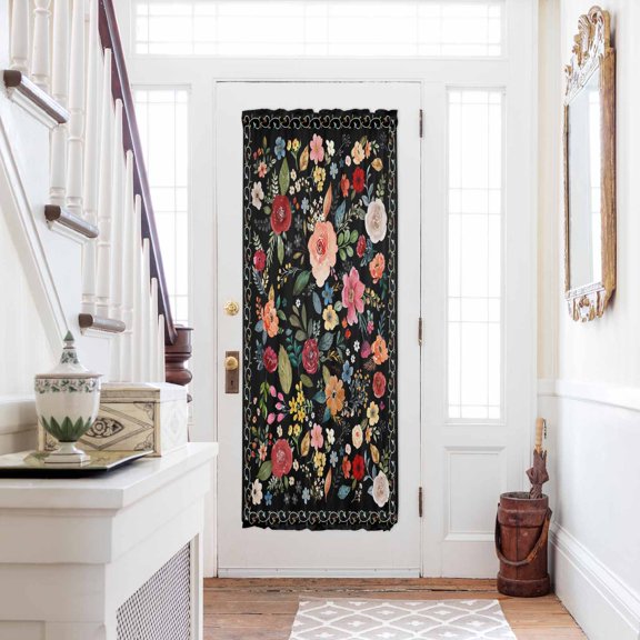 Watercolor Flowers Door Curtains for Door Window, French Sidelight Front Back Door Curtains With Tieback, Farmhouse Floral Black Vintage Kitchen Rod Pocket Drapes Panel, 54"x72"