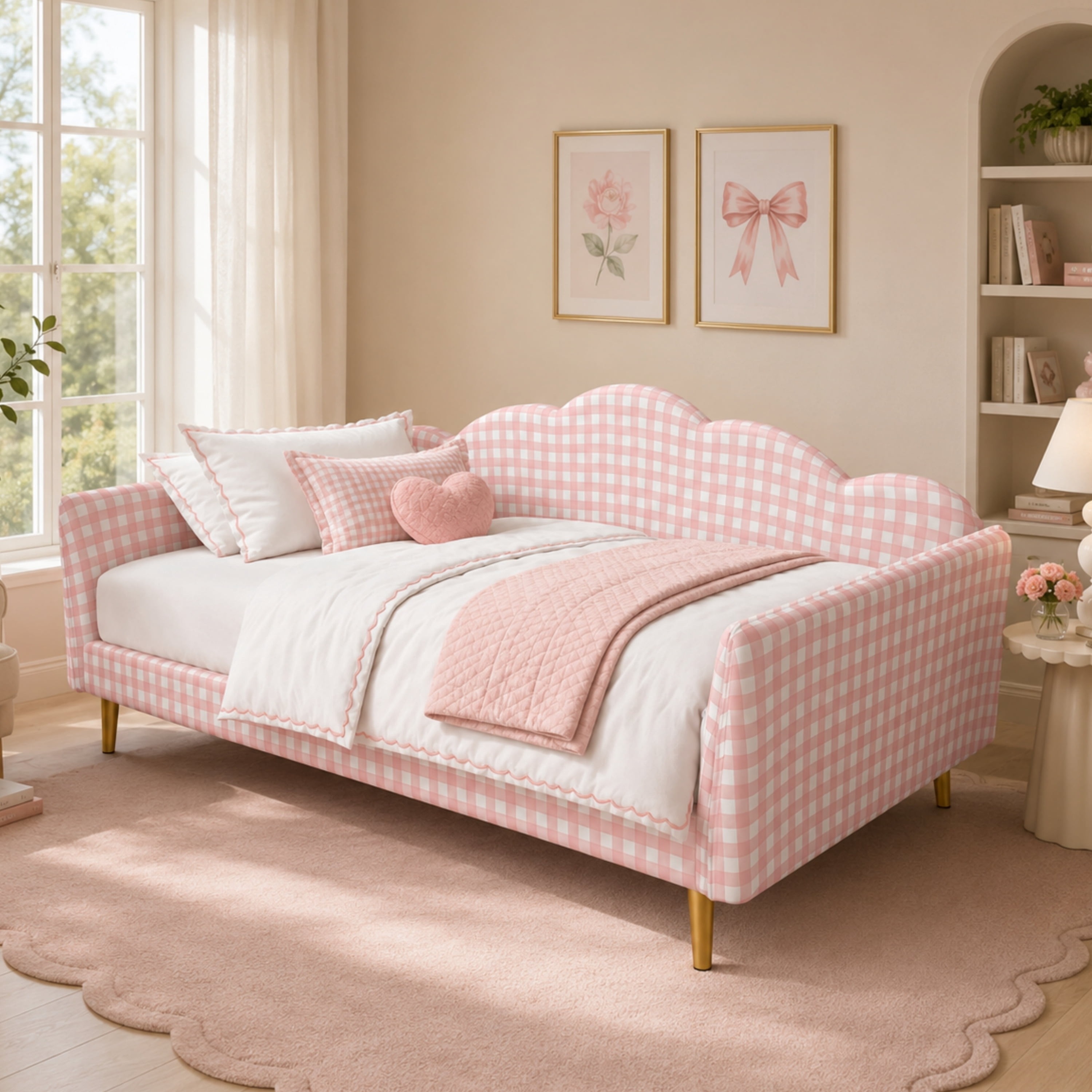 Euroco Upholstery Twin Size Daybed, Wood Sofa Platform Bed with Gingham Design and Metal Legs, No Box Spring Needed, Pink