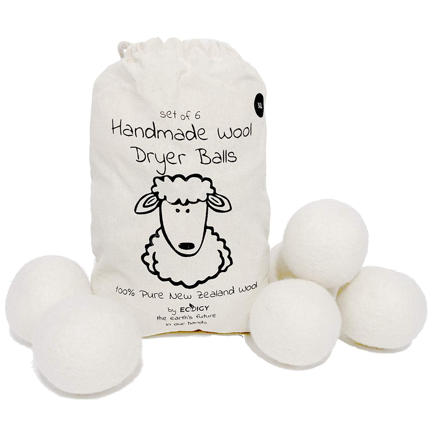 Wool Dryer Balls Organic XL 6-Pack by Ecoigy