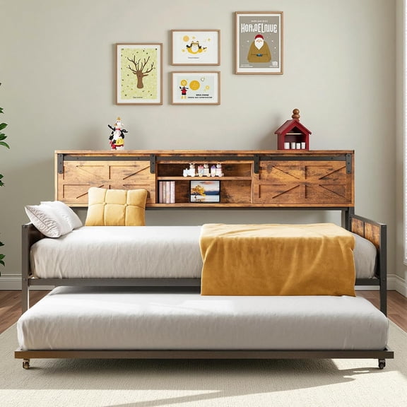 LIKIMIO Twin Daybed with Trundle, Sofa Bed Sturdy Frame with Storage Headboard & Charging Station, for Living Room, Bedroom, playroom and Guest Room, Industrial Brown