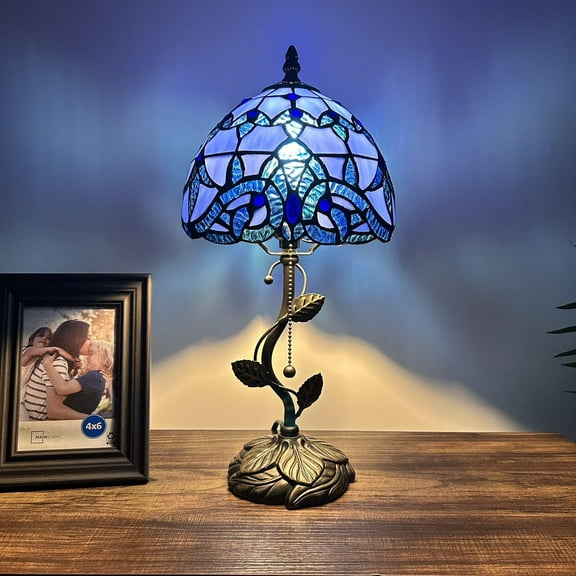 Tiffany Table Lamp Blue Stained Glass Baroque Style LED Bulb Included for Living Room Bedroom Bedside 8"W*8"D*16"H
