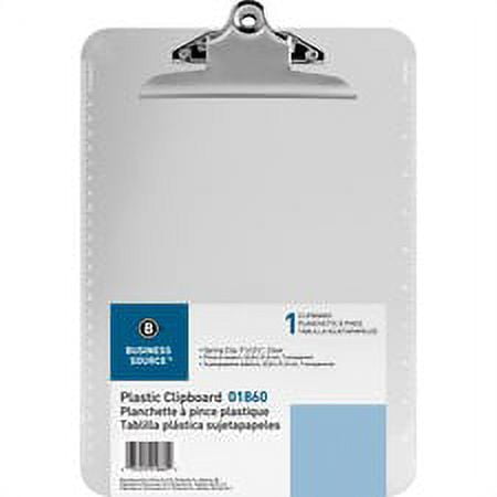 Business Source Spring Clip Plastic Clipboard - 8 1/2" x 11" - Spring Clip - Plastic - Clear - 1 Each | Bundle of 5