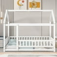 thumbnail image 3 of Modern Twin Floor Bed with Wooden House Roof Frame, Floor Bed Frame with Safety Fence Guardrails, Floor Bed for Kids, Children, Boys, Girls, White, 3 of 9