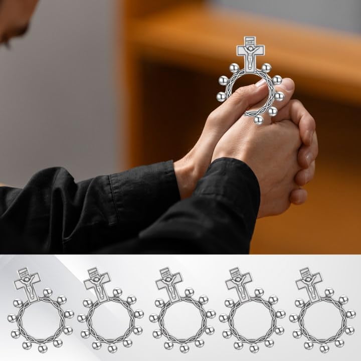 80 Set Finger Rosary Rings Bulk Silver Metal Rosary Rings Pocket Finger Rosaries Small Pocket Cross Prayer Catholic Rin-gs with Organza Bags for Baptism Favors Baby Shower Quinceanera Funeral