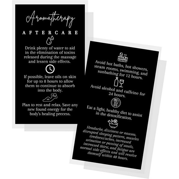 Aromatherapy Massage Aftercare Cards  50 Pack  2x3.5 inch Business Card Size  Aromatherapy Accessories  Black Card Design