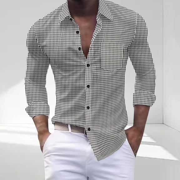 Mens Shirts with Pockets and Collar Tshirts Long Sleeve Button-Down Lightweight Trendy Plaid Printed Breathable Lapel Going-Out Beach Tops