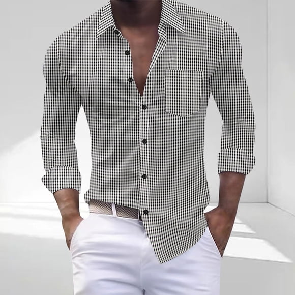 Yusimy Men's Checkered Print Long Sleeve Shirt Collar Pocket Casual Fashion Stylish Top