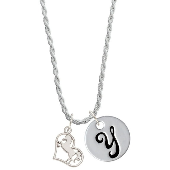 Delight Jewelry Silvertone Stallion Silhouette Heart Silvertone Script Initial Disc - Y - Charm Necklace, 20"+3"