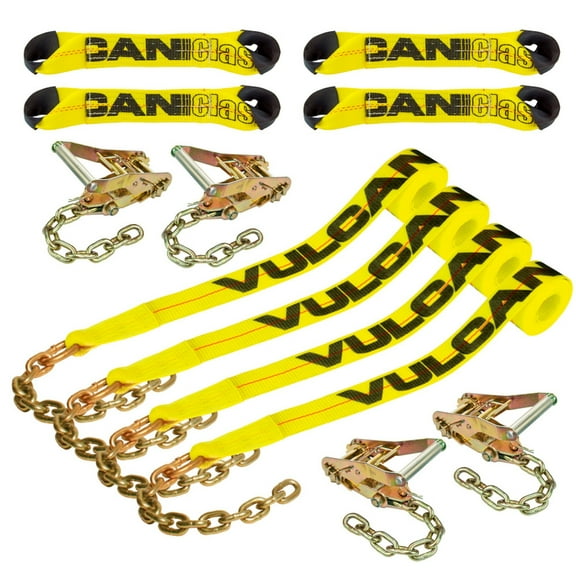 VULCAN 8-Point Roll Back Vehicle Tie Down Kit - Chain Tails on Both Ends - Set of 4 - Classic Yellow