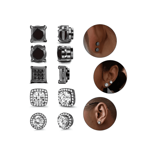 5 Pare Aretes Hombre Mujer Falsos Piercing Imán Circón Acero Xtellar plateado