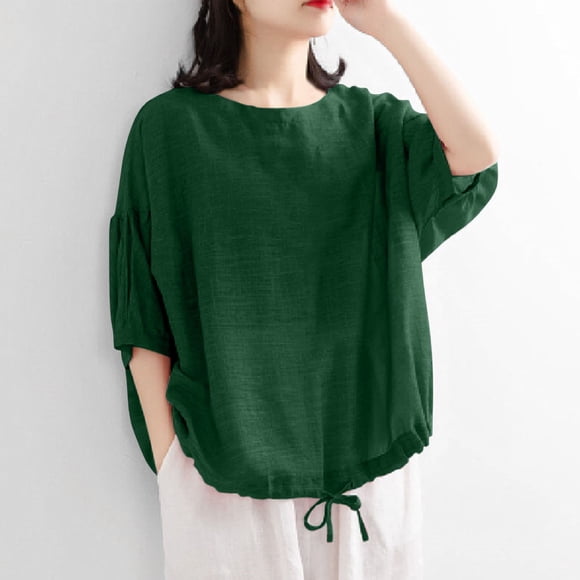 Women's Vintage Top, Casual Short Sleeve Blouse with Round Neck and Tied Hem, Cotton Linen Shirt for Casual Wear
