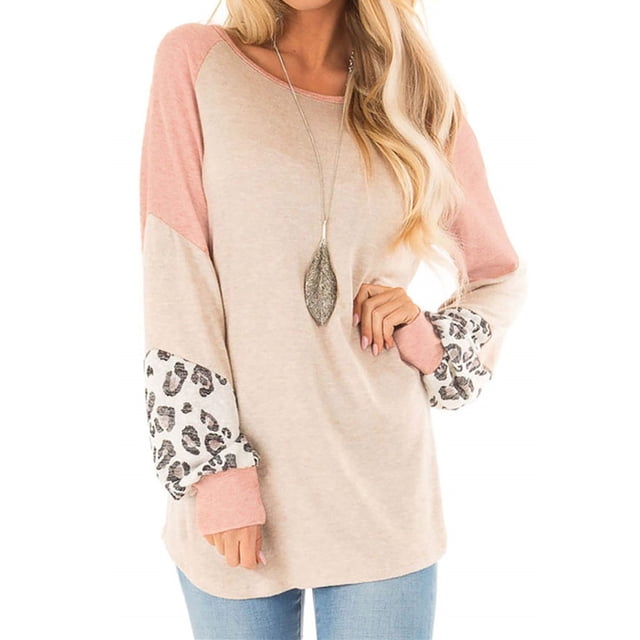 Womens Color Block Pullover Leopard Print Sweatshirt Raglan Long Sleeve Loose Tunic Shirts Tops