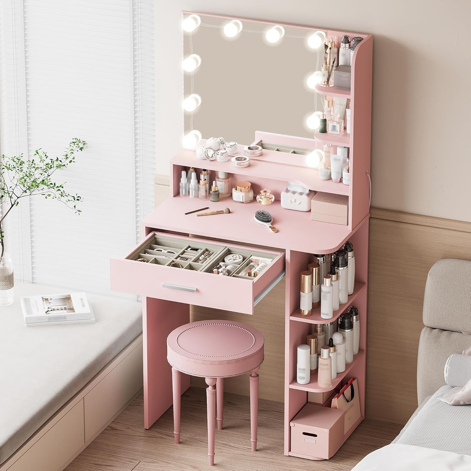 Vanity Desk with Mirror and Lights, Akaber 26.4" Makeup Vanity with Large Drawer, 6 Storage Levels, Small Pink Vanity Desk with Large LED Mirror
