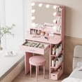 thumbnail image 3 of Vanity Desk with Mirror and Lights, Akaber 26.4" Makeup Vanity with Large Drawer, 6 Storage Levels, Small Pink Vanity Desk with Large LED Mirror, 3 of 7