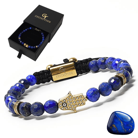 Men's LAPIS LAZULI Bracelet with Golden HAMSA Hand | Gift for Men | One Size Fits All | 100% Natural | Gemstone Adjustable Bracelet