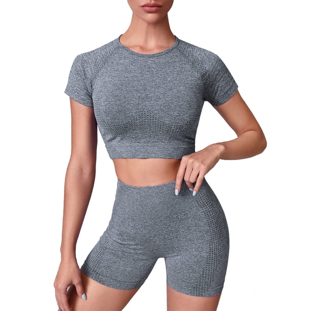 Gibobby Trajes de Entrenamiento para Mujer Trajes de entrenamiento para mujeres Conjuntos de mallas de yoga de cintura alta sin costuras acanaladas de 2 pieza(B,CH)