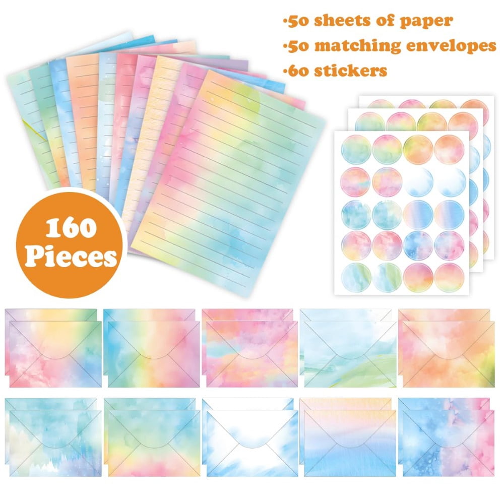 Stationery Letter Paper and Envelopes,160-Piece Watercolor Stationery Set,includes 50 sheets of lined letter paper and 50 envelopes,size 5.5 x 8.25 inches,perfect as a gift for children and girls