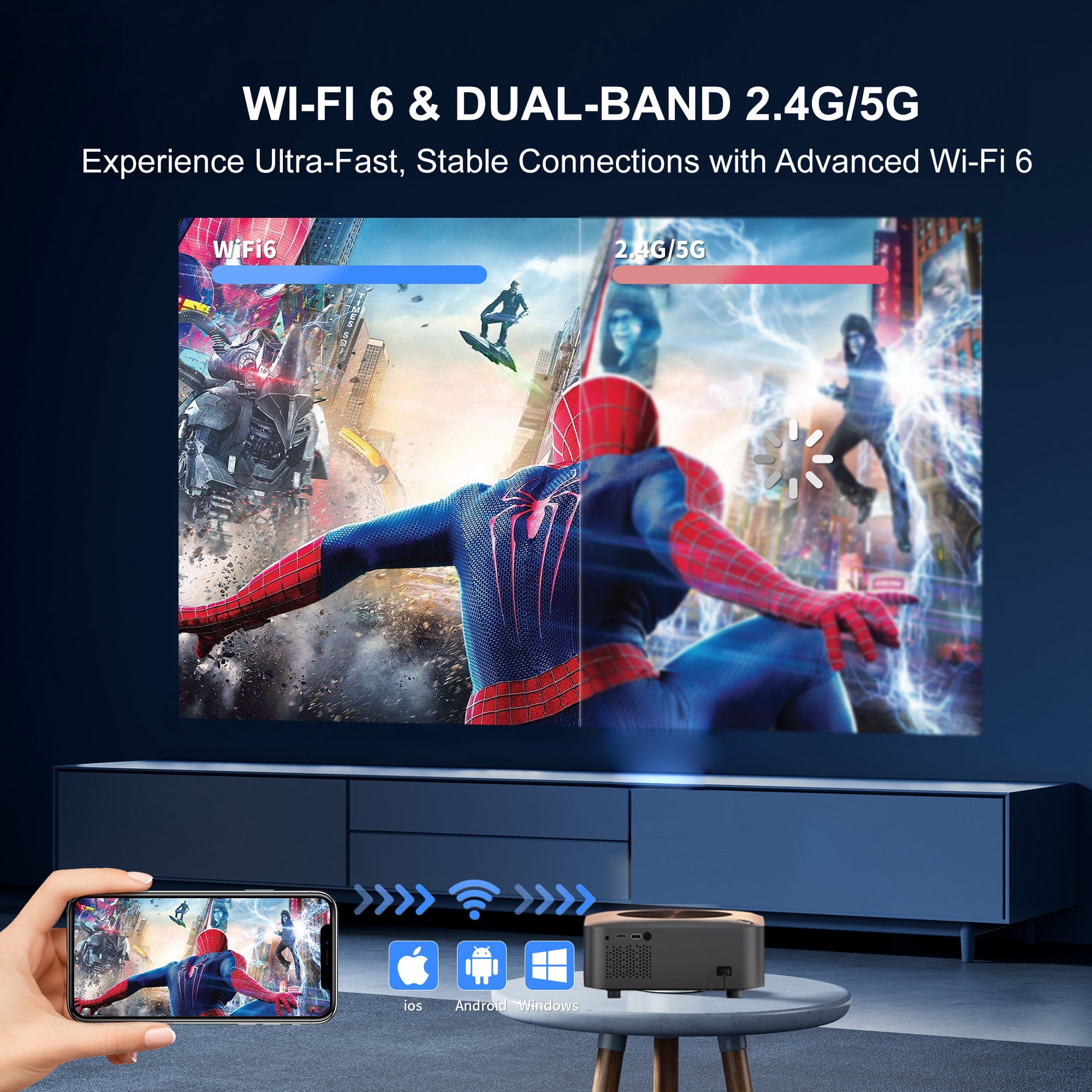 Smart Projector, 4K Projector Android TV 12.0 32GB Built-in Netflix, Youtube, Outdoor Projector with 5G WiFi Bluetooth, Electric Focus/Keystone, ZOOM, Max 300”, HDMI/USB/TV Stick/Laptop/PS5 Supported