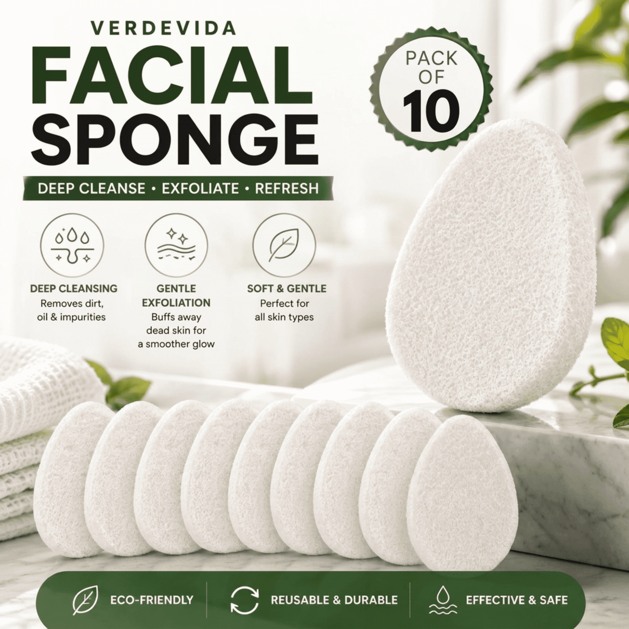 VerdeVida Exfoliating Face Sponge 10-Pack — Facial Scrub Pads, Makeup Remover & Deep Cleansing Pore Scrubber, Reusable, All Skin Types Including Sensitive, Collagen Boost White