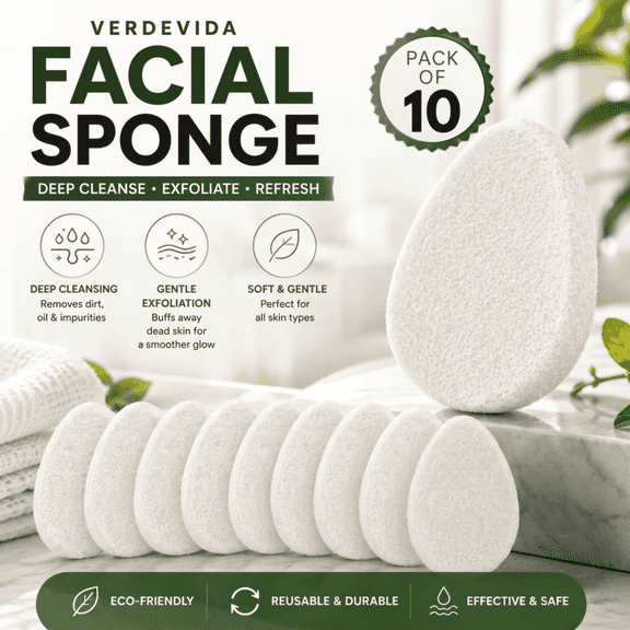 VerdeVida Exfoliating Face Sponge 10-Pack — Facial Scrub Pads, Makeup Remover & Deep Cleansing Pore Scrubber, Reusable, All Skin Types Including Sensitive, Collagen Boost White