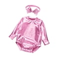 thumbnail image 3 of Hansber Toddler Baby Girls Shiny Metallic Long Sleeve Romper with Bow Headband for Birthday Party Outfit Pink 6-12M, 3 of 7