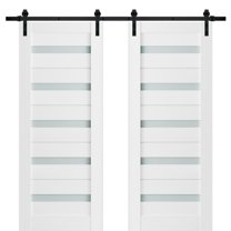 Sturdy Double Barn Door 48 x 80 inches with Frosted Glass | Quadro 4445 White Silk | Top Mount 13FT Rail Hangers Heavy Set | Solid Panel Interior Doors
