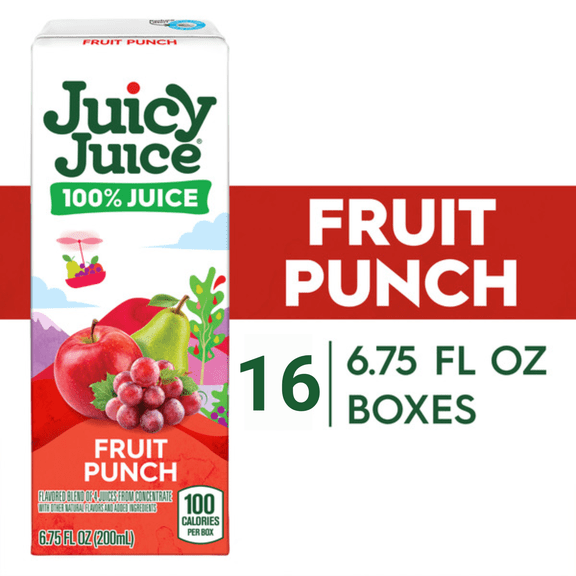 Juicy Juice 100% Juice, Fruit Punch Flavor, 6.75 fl oz Juice Boxes, 16 Count
