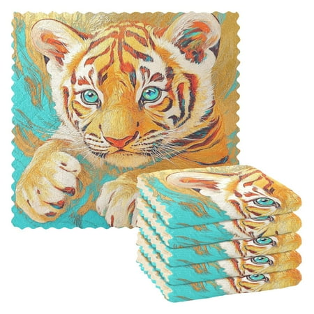 

6 Pieces Thickened Double Polyester Fleece Kitchen Towel - 28x28cm Strongly Absorb Water & Oil Stain Removal，The Yellow Tiger