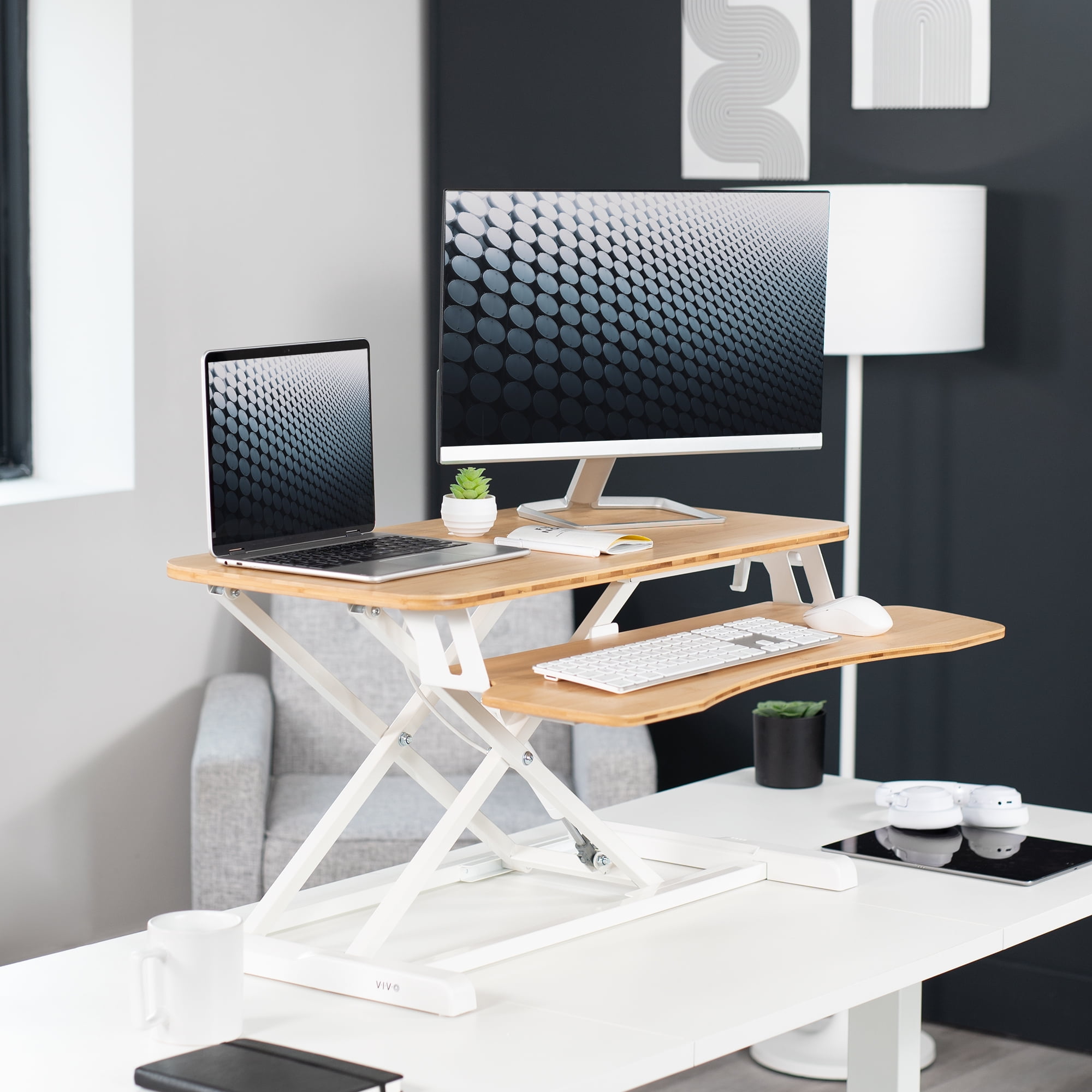 VIVO Bamboo Standing 32" Desktop Monitor Riser, White Frame