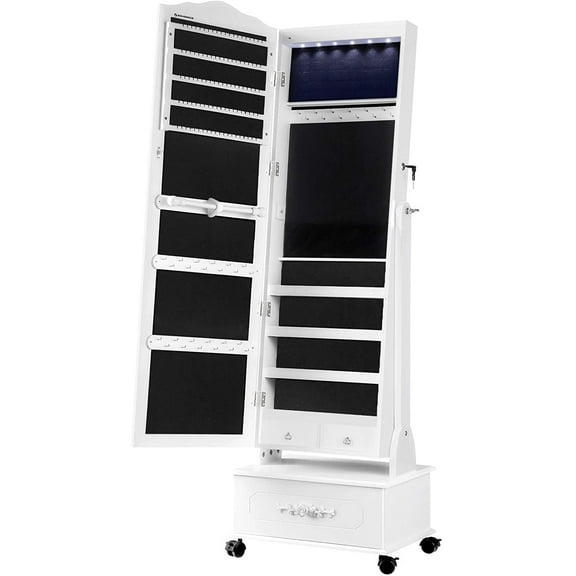 SONGMICS Lockable Freestanding Jewelry Cabinet with Wheels, with LED Lights, Mirror, White