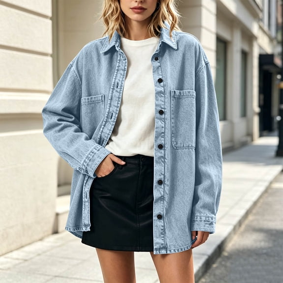 IUYRTFE Women's Retro Button Down Denim Jacket Long Sleeve Collared Shacket with Pockets Casual Oversized Outerwear