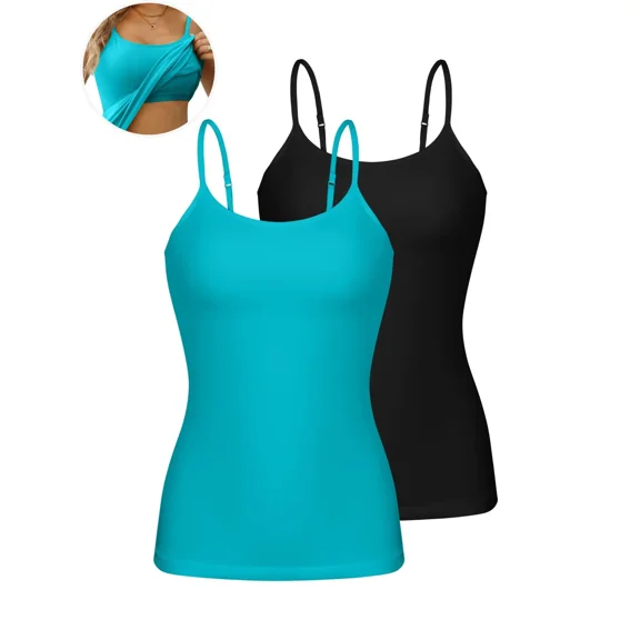 ANFERRY Womens Cotton Camisoles with Shelf Bra Solid Basic Spaghetti Straps Tank Tops Camis Pack of 2