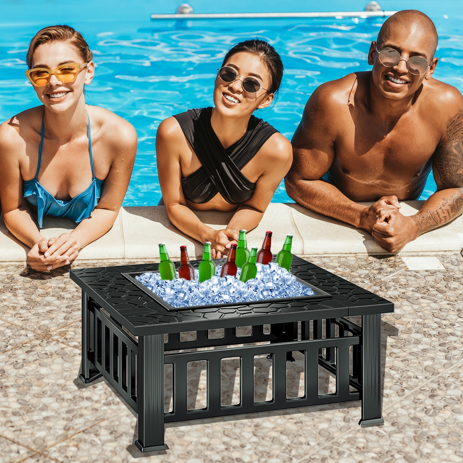 KingChii 32" Fire Pit Table Wood Burning Square Metal Firepit for Outdoor, Patio Backyard BBQ with Mesh Lid, Poker and Cover, Black