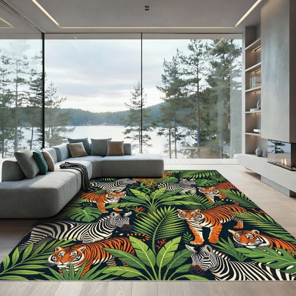 ODIKA 4'x6' Machine Washable Non-Slip Area Rug, Graphic Green High Traffic Rug, Black, 1156156