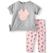 Disney Minnie Mouse Baby Girl Short Sleeve French Terry Top and Legging, 2pc Outfit Set