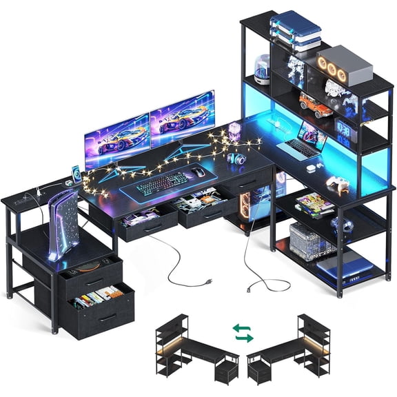 AODK 79 inch L Shaped Desk with 5 Drawers, Reversible L Shaped Gaming Desk with LED Light & 2 Power Outlets, Computer Desk with Storage Shelves for Home Office, Black