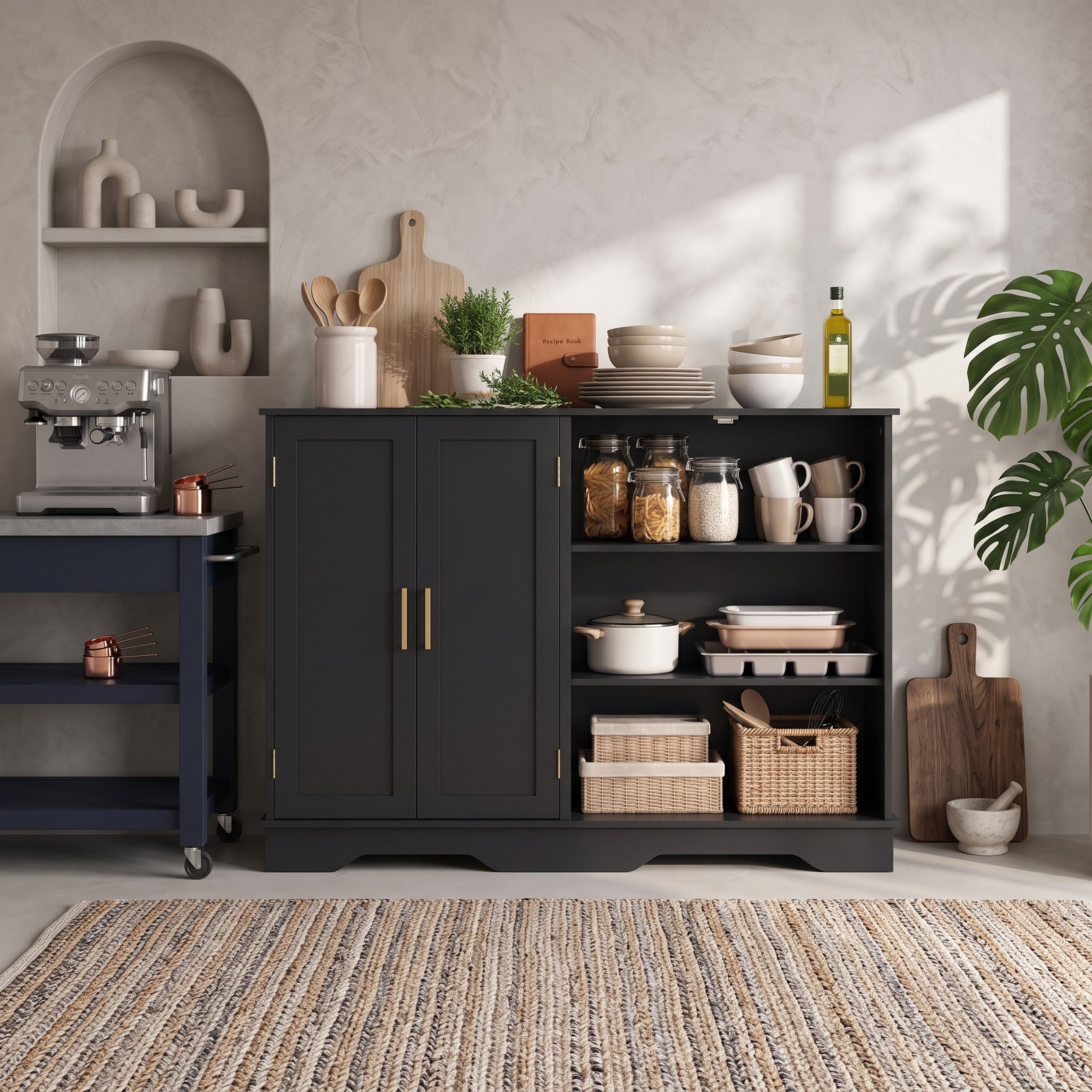 Fenbeli Bathroom Floor Storage Cabinet, Freestanding 2-Door Side Cabinet with Adjustable Shelves and Countertop, Modern MDF Bathroom Organizer for Bathroom, Black