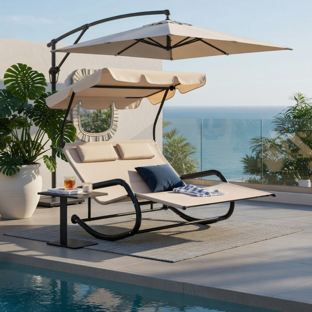 Hommoo 2-Person Outdoor Rocking Chaise Lounge with Adjustable Canopy & Mobility Wheels, Metal Frame Patio Lounger for Backyard, Poolside, Deck, Beige
