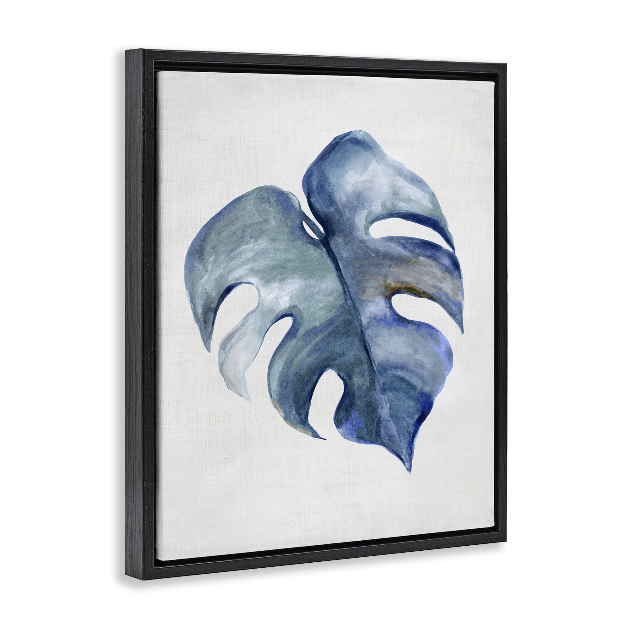 Stupell Industries Blue Monstera Leaf Plants & Flowers Painting Black Floater Framed Canvas Art Print Wall Art, 17 x 21