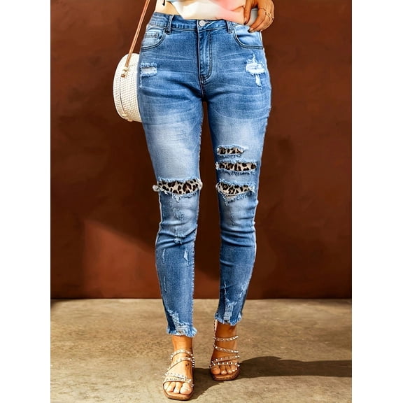 Women's Slim Fit Distressed Leopard Patched Stretchy Mid Rise Jeans Vintage Streetwear Eye Catcher