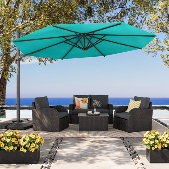 Parasol de terrasse déporté CorLiving de luxe, inclinable et pivotant, de 3,5 m (11,5 pi), avec structure en aluminium et toile résistante, turquoise