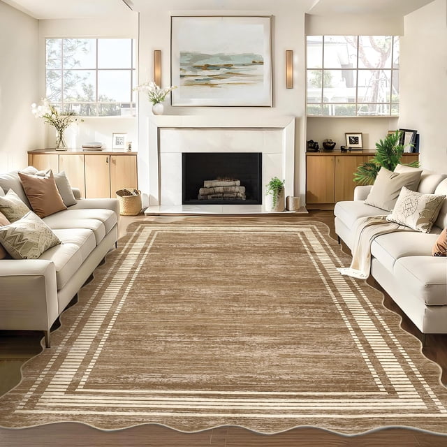 Scalloped Modern Abstract Area Rug 9x12 Large Washable Rug for Living Room, Non-Slip Soft Carpet for Bedroom, Scalloped Low-Pile Solid Print Accent Rug for Dining Room Home Office, Brown