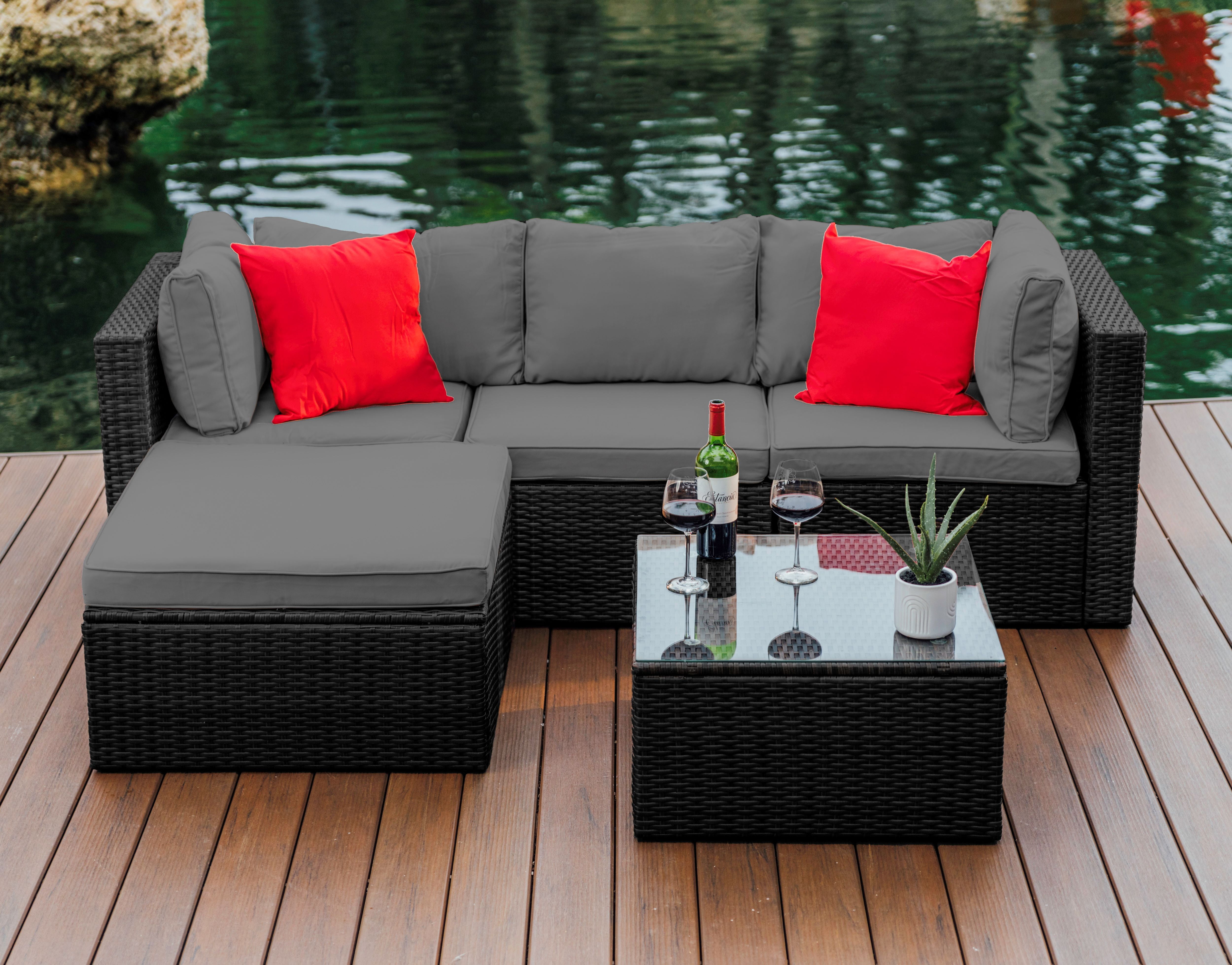 Hearth & Harbor 5-Piece Outdoor Furniture Sets, Wicker Sectional Patio Set, Black/Gray