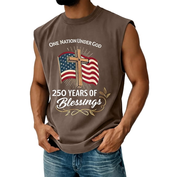 Mens Tank Tops 250 Celebration Patriotic Star American Flag Print Sleeveless Crew Neck Shirts Muscle Classic Fit Beach Vacation Soft Tee, Brown, #01 Brown