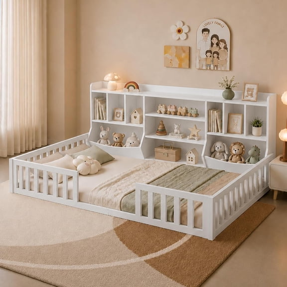 Feonase Twin Size Floor Bed with High Solid Guardrail & 4-Tier Storage Cabinet,Boys and Girls Room, White