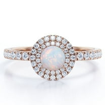 JeenMata 1.75 Carat Round Cut Australian Opal and Moissanite - Double Halo - Pave Setting Engagement Ring - 18K Rose Gold Plating over Silver