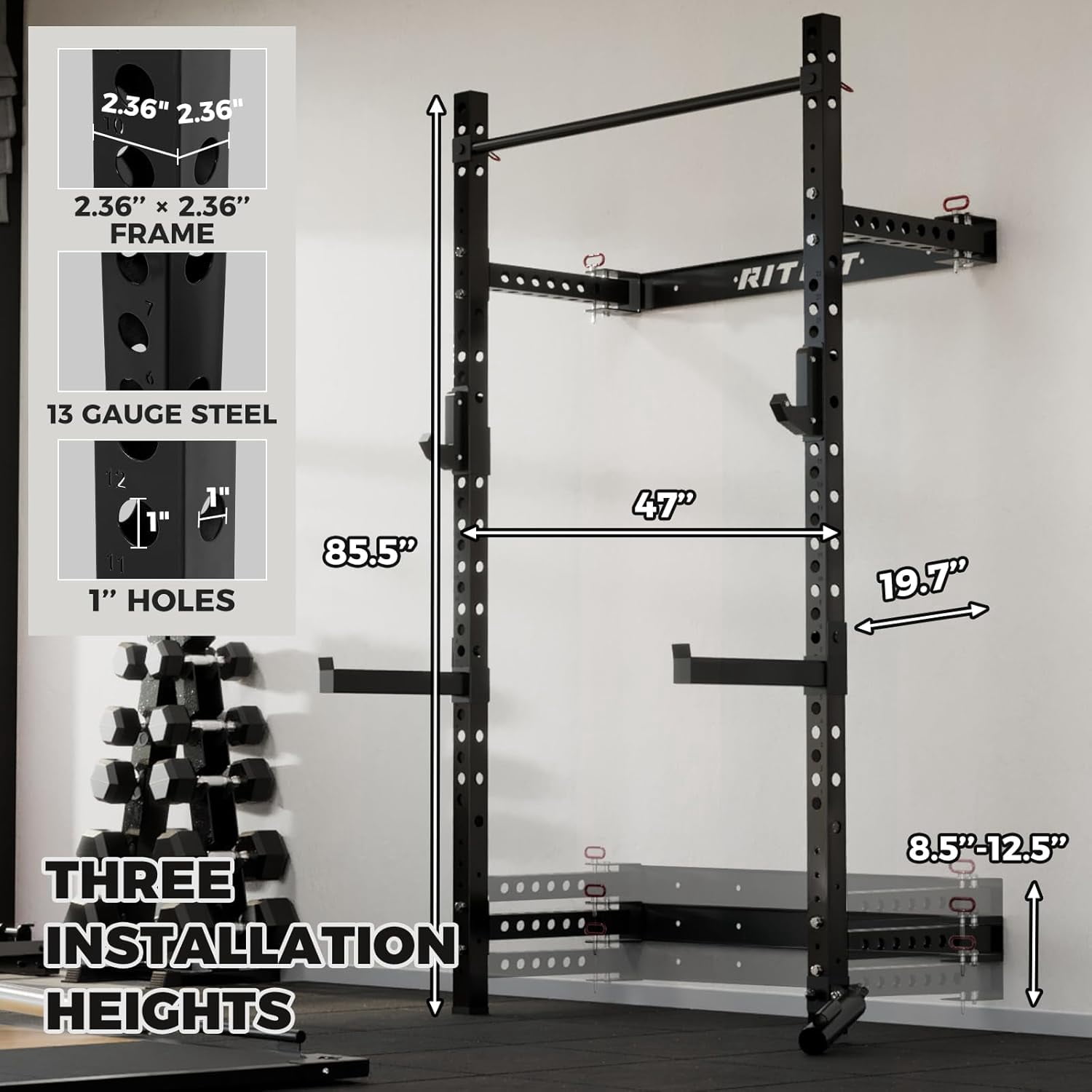 RitFit Multi-Functional Folding Squat Rack for Home Gym, 2.36'' x 2.36'' Wall Mounted Squat Power Rack with Safety Bar & Attachments - Space Saving, Black